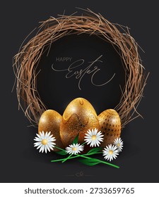 Happy Easter. Isolated image with a round frame like a nest and Easter golden eggs