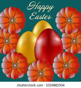 Happy Easter isolated on blue background. Golden and Red Eggs and Flowers. Paper Cutting. Illustration for greeting card, poster, flier, blog, article.