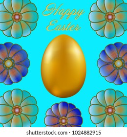 Happy Easter isolated on blue background. Golden Egg and Flowers. Paper Cutting. Illustration for greeting card, poster, flier, blog, article.