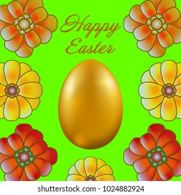 Happy Easter isolated on green background. Golden Egg and Flowers. Paper Cutting. Illustration for greeting card, poster, flier, blog, article.