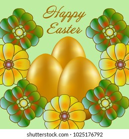 Happy Easter isolated on a light green background. Golden Eggs and Flowers. Paper Cutting. Illustration for greeting card, poster, flier, blog, article.