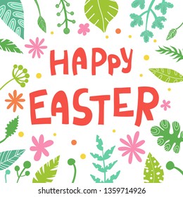 Happy Easter isolated with white background with tropical leaves. vector royalty free stock illustration for greeting card, ad, poster, flier, blog, article