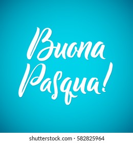 Happy Easter Italian Calligraphy Greeting Card. Modern Brush Lettering. Joyful wishes, holiday greetings. Blue background.