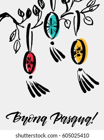 Happy Easter in italian language. Eggs tree ink drawn with hand written greeting message.