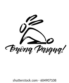 Happy Easter! In italian language. Hand written poster with ink painted rabbit. 