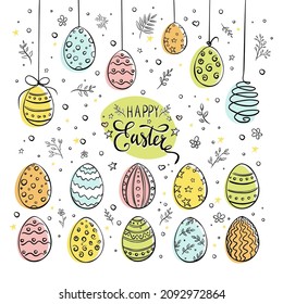 Happy Easter items Set. Doodle style. Collection of Hand drawn Easter Eggs with decorative elements: branches, flowers, stars and bubbles for sticker, print, greeting cards design and decoration