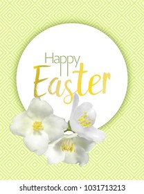 Happy Easter jasmine flower round vector frame illustration, mock orange plant branch. Realistic bush twig with buds, white petals, yellow pollen on stamens. Isolated inflorescence Easter border card.