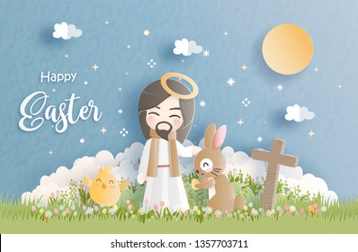 Happy Easter with Jesus and cute bunny in paper cut style vector illustration.