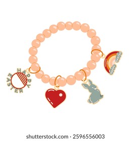 Happy Easter Jewelry in the form of a bracelet. A bracelet with a red heart, a rabbit, a keychain with Happy Easter and a rainbow. Pink children s bracelet with gold rings.