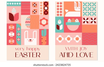 Happy Easter with joy and love geometric square bright flat greeting cards set. Easter eggs,rabbits,basket,eggs hunt.Vector illustration EPS 10