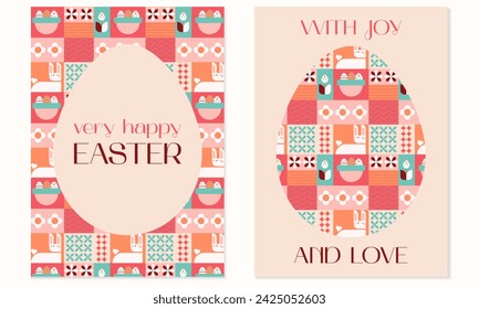 Happy Easter with joy and love geometric square bright flat greeting cards set. Easter eggs,rabbits,basket,eggs hunt.Vector illustration EPS 10