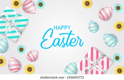 Happy easter joyful with pastel color 3D egg with flower blossom and gift box present. Poster, banner, flyer, greeting card. Vector illustration