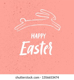 Happy Easter! Jumping bunny illustration with modern calligraphy lettering.