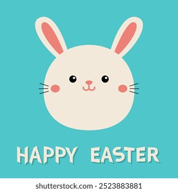 Frohe Ostern. Kawaii Hase Kaninchen Hase rundes Gesicht. Nettes lustiges Tier. Cartoon lustige Babyfigur. Kinderdruck für Poster, Hemdtuch. Liebe. Kinderstil. Flaches Design. Blauer Hintergrund. Vektorgrafik