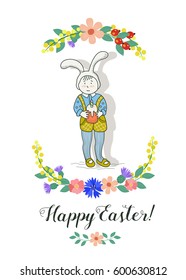 Happy Easter! The kid in Bunny costume holding in his hand an Easter cake. A wreath of spring flowers. Vintage hand drawn Easter card.