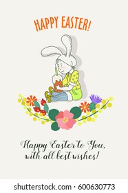 Happy Easter! The kid in the Bunny suit. An Easter cake. A wreath of spring flowers. Vintage hand drawn Easter card.