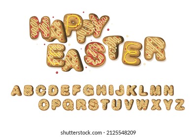 Happy Easter. Kids bakery alphabet set - Latin font - Kids font from glazed donuts with colorful sprinkles. Cute and fun English ABC. 3d typography vector illustration. 
