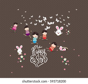 Happy easter Kids bunny bunny grass