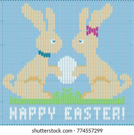 Happy Easter knitted bunny , greeting wallpaper, vector illustration