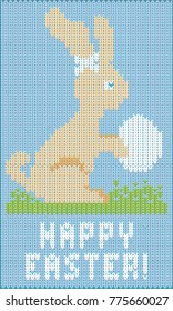 Happy Easter knitted bunny greeting banner, vector illustration