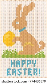 Happy Easter knitted bunny invitation card , vector illustration
