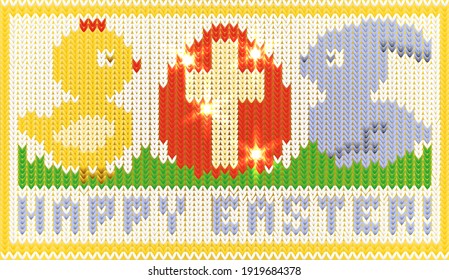 Happy easter knitted card with easter chick and easter bunny,  vector illustration