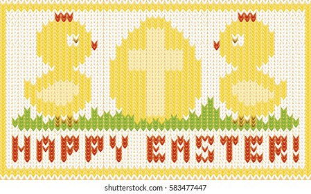 Happy easter knitted card with chiken and egg, vector illustration