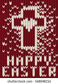 Happy Easter knitted card with cross and heart, vector illustration