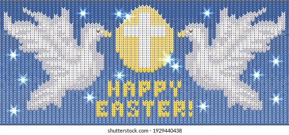 Happy Easter knitted card with dove, christian cross , vector illustration