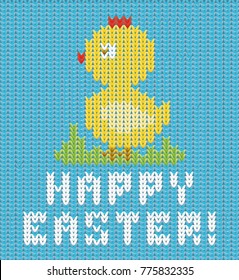 Happy Easter knitted chicken invitation card , vector illustration