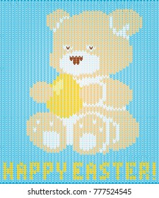 Happy Easter knitted teddy bear background, vector illustration
