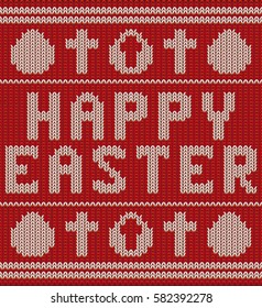 Happy easter knitting pattern with cross and egg, vector illustration