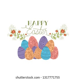 happy easter label with egg and flowers icon