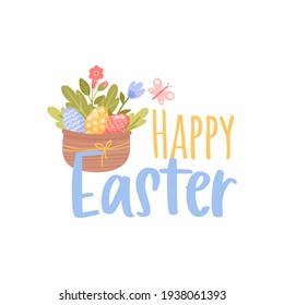 Feliz sello de Pascua. logotipo de bienvenida. Elementos simbólicos tradicionales para celebrar la fiesta de primavera. Tarjeta luminosa con conejo de Pascua, huevos pintados y flores de primavera.