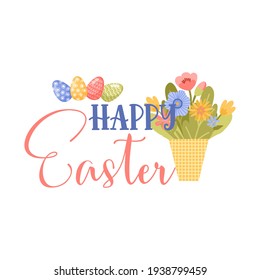 Happy Easter label. greeting logo. Traditional symbolic elements for celebrating spring holiday. Bright card with easter bunny, painted eggs and spring flowers.