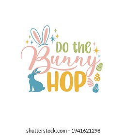 Happy Easter label. greeting logo. Traditional symbolic elements for celebrating spring holiday. Bright card with easter bunny, painted eggs and spring flowers.