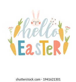 Happy Easter label. greeting logo. Traditional symbolic elements for celebrating spring holiday. Bright card with easter bunny, painted eggs and spring flowers.