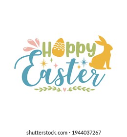 Happy Easter label. greeting logo. Traditional symbolic elements for celebrating spring holiday. Bright card with easter bunny, painted eggs and spring flowers.