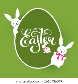 Happy Easter label with lettering, egg and bunny.