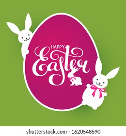 Happy Easter label with lettering, egg and bunny.