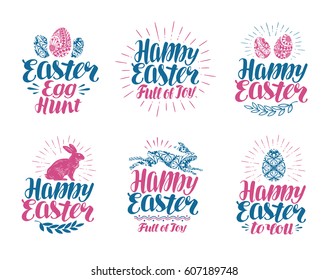 Happy Easter, label set. Handwritten lettering vector illustration