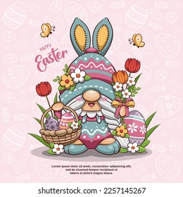 Happy Easter With Lady Gnome And Easter Basket. Cute Cartoon Illustration