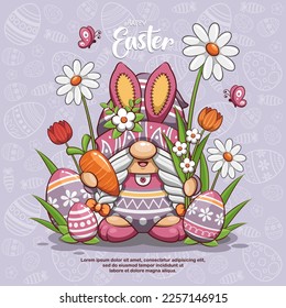 Happy Easter With Lady Gnome, Flower, Carrot, And Egg. Cute Cartoon Illustration