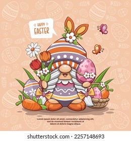 Happy Easter With Lady Gnome, Flowers, Carrot, And Egg Basket Of Easter. Cute Cartoon Illustration