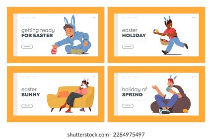 Happy Easter Landing Page Template Set. Characters Celebrate Easter, Enjoying Each Other's Company, Playing with Eggs, And Indulging In Traditional Food And Sweets. Cartoon People Vector Illustration