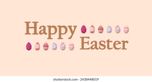 Happy Easter large banner greeting card with beige background and pastel colors easter eggs. Fully editable EPS vector.