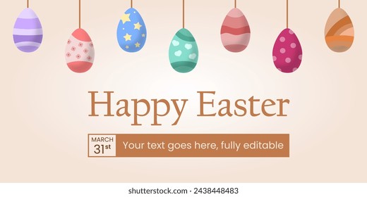 Happy Easter large banner invitation card with beige background and pastel colors easter eggs. Fully editable EPS vector.
