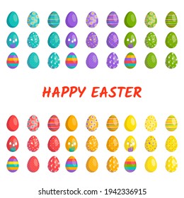Happy Easter. Large collection of eggs with different textures, patterns and festive decorations on a white background. Spring holiday. Vector flat illustration