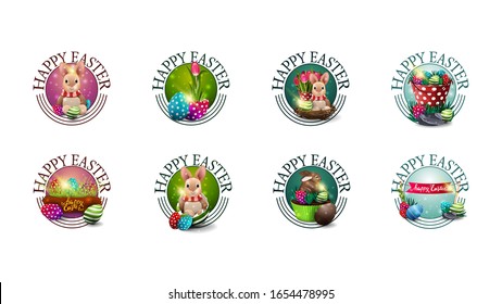 Happy Easter, large collection round greeting symbols with Easter icons isolated on white background