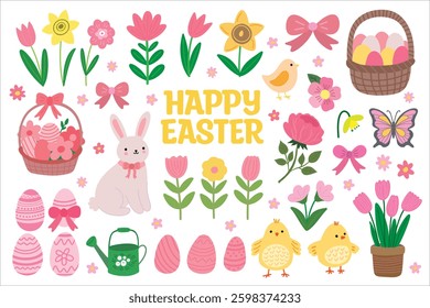 Happy Easter - Large Festive Clipart Set with Rabbit Bunny, Eggs, Baskets, Flowers, Chicks, Bows. Vector Spring Elements Collection